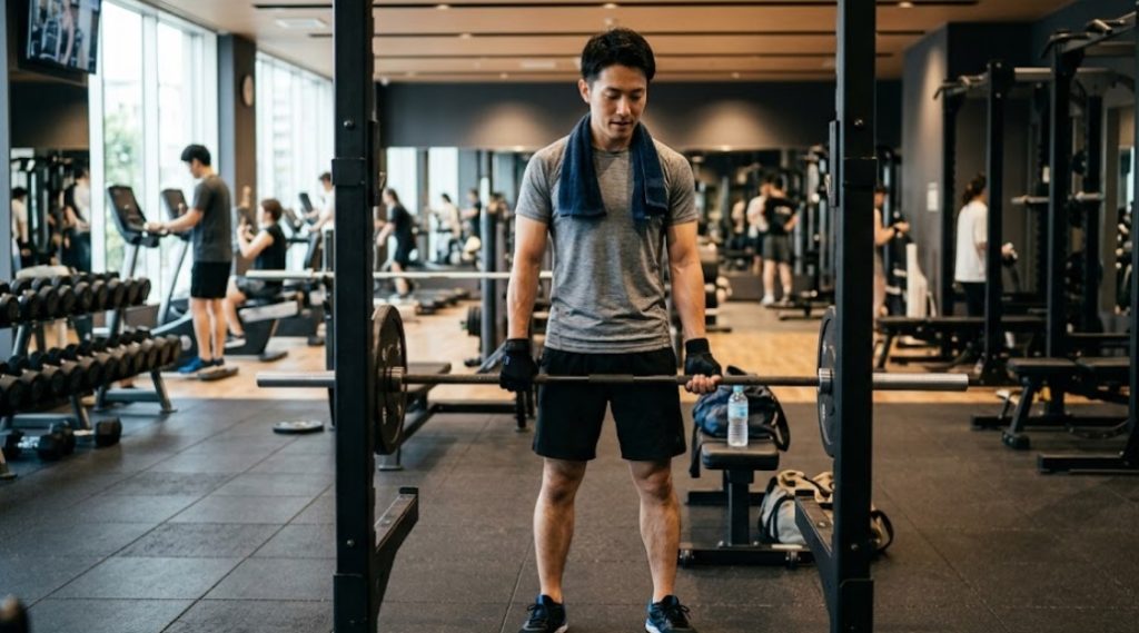 設備の整った現代的なジムで、グレーのTシャツ、黒いショートパンツ、首に青いタオルを着用した日本人男性が、バーベルラックからバーベルを保持し、集中した表情で下を見ている。背景には、ダンベルラック、他のトレーニングマシン、そしてぼかされた他のジム利用者がいる。