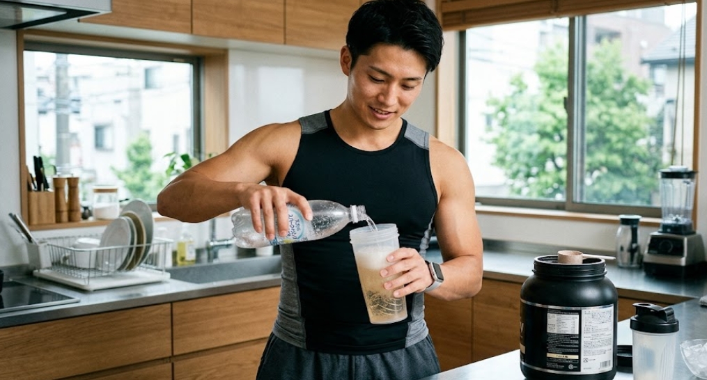 筋肉質な日本人男性が、明るい自宅キッチンで、透明なボトルからプラスチックのシェーカーボトルに炭酸水を注いでいる。シェーカーの中ではプロテインパウダーと炭酸水が混ざっており、男性は集中して見つめている。カウンターの上にはプロテインの袋や計量スプーンが置かれ、窓からは街並みが見える。