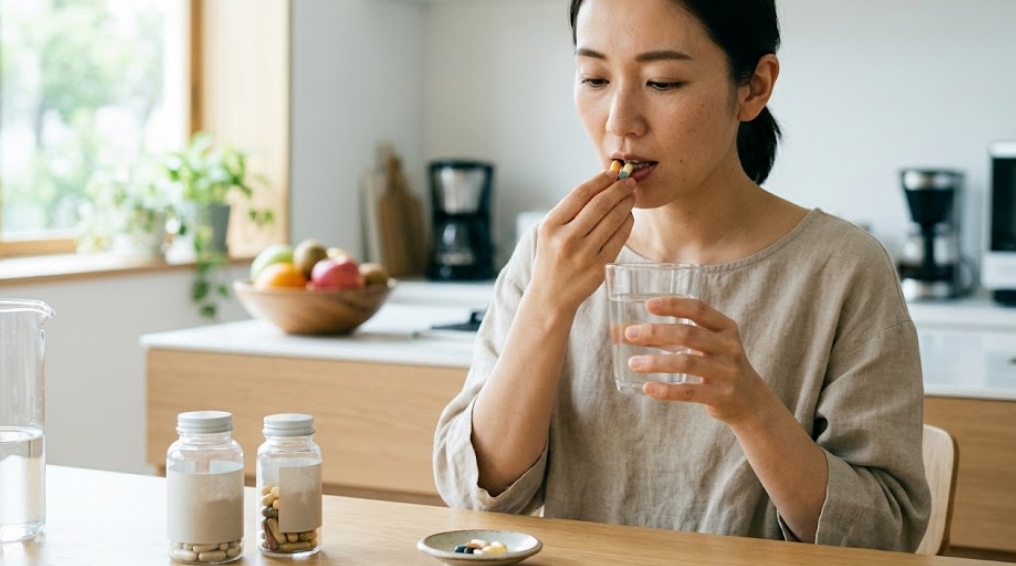 明るいモダンなキッチンで、水を飲みながらサプリメントのカプセルを口に運ぶ日本人女性。右手でカプセルを持ち、左手でグラスを持っている。テーブルには、空白のラベルが貼られた2つのサプリメントボトル、皿に数種類のサプリメント、水のピッチャーがある。背景はぼかされており、窓、観葉植物、家電が見える。文字、ロゴ、数字はない。