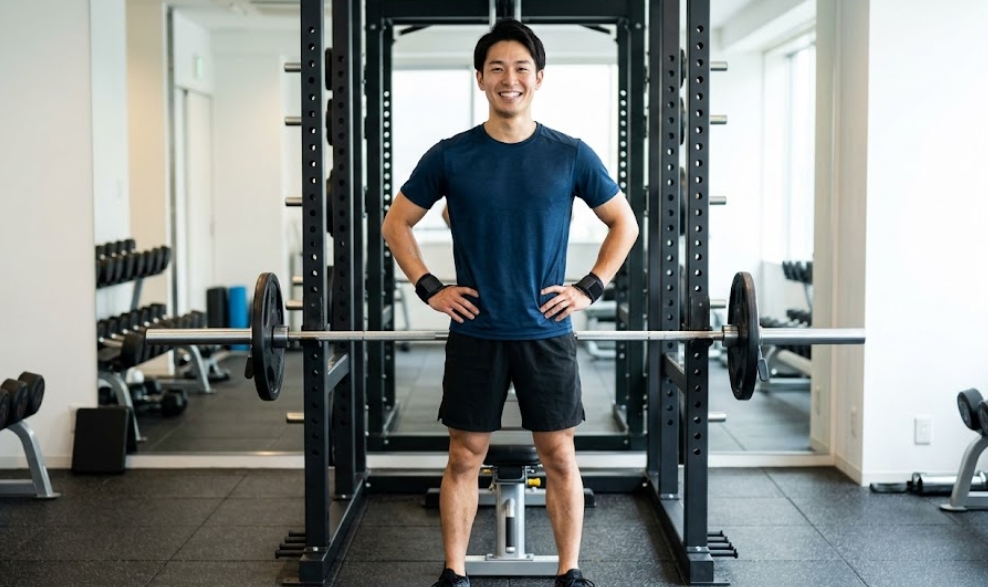 近代的で清潔なジムで、BIG3トレーニング（スクワット、ベンチプレス、デッドリフト）を終えた直後の、笑顔の日本人男性。両手を腰に当て、リストラップを着用。背景にはパワーラックとバーベルが見える。