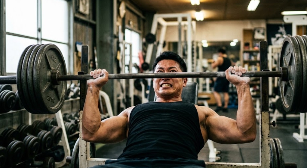 限界に挑む表情で、重いバーベルをベンチプレスする日本人男性ボディビルダー。筋肉の緊張、汗、食いしばる表情。東京の機能的で少し荒削りなパワーリフティングジム。チョークの粉、他の機器、ぼかされた人。ドキュメンタリー風の粒子の粗い写真。文字なし。