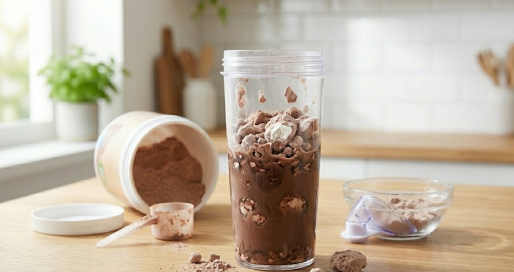 明るいキッチンで、透明なブレンダーボトル内のチョコレートプロテインパウダーと液体が混ざらず、大きな塊(だま)が多数浮いている。木製テーブルには、開いたプロテイン容器や粉の入ったボウルなども置かれている。テキストは一切ない。