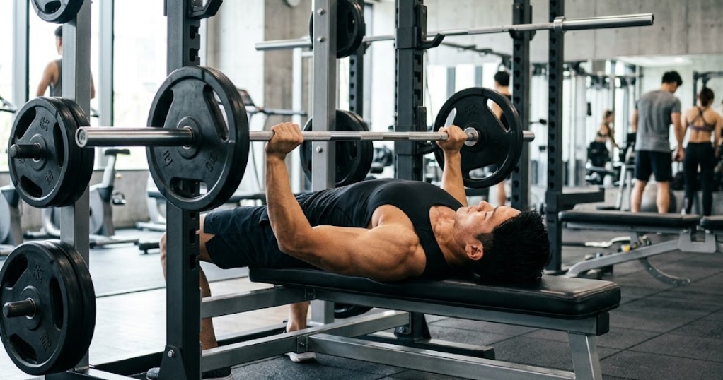 筋肉質の男性がジムのパワーラック内で、バーベルを持ってベンチプレスをしている。彼は黒いタンクトップとショーツを着用しており、周囲には他のトレーニング機器やトレーニング中の人々が写っている