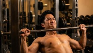 ジムでベンチプレスを限界まで行う男性。汗を流し、苦しそうな表情でバーベルを上げようとしている。