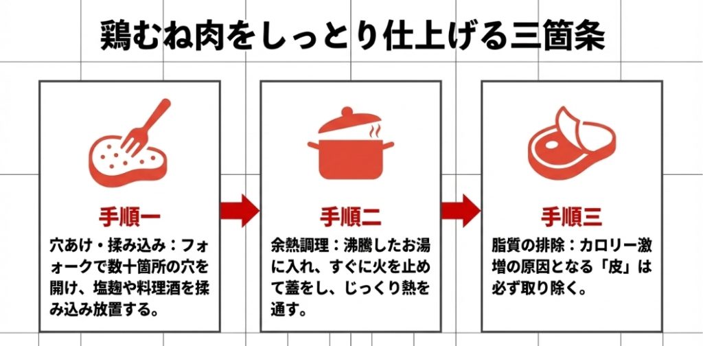 穴あけ・揉み込み、余熱調理、皮の排除という、鶏むね肉をしっとり仕上げる三箇条