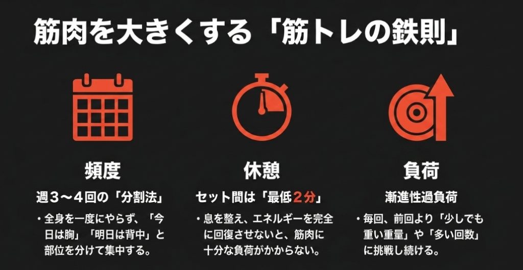 筋肉を大きくする筋トレの鉄則。週3〜4回の分割法、セット間は最低2分休憩、漸進性過負荷を守るよう解説したスライド画像
