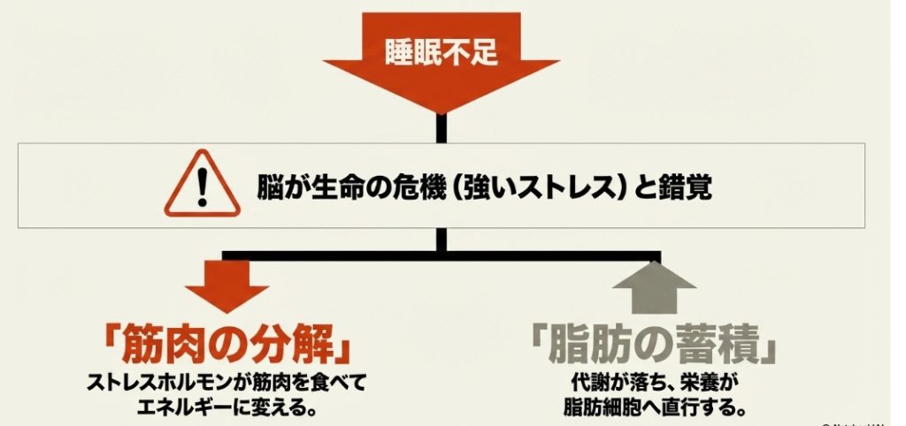 睡眠不足と書かれた大きな赤い下向き矢印のイラスト 。睡眠不足は自分の筋肉を食べてしまうと書かれている 。脳が生命の危機と錯覚して筋肉の分解が起こることや、代謝が落ちて栄養が脂肪細胞へ直行することが解説されている 。