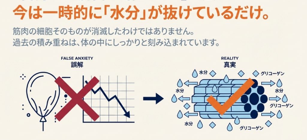 筋肉が落ちたという誤解と、一時的に筋肉の水分やグリコーゲンが抜けただけという真実を比較した図解