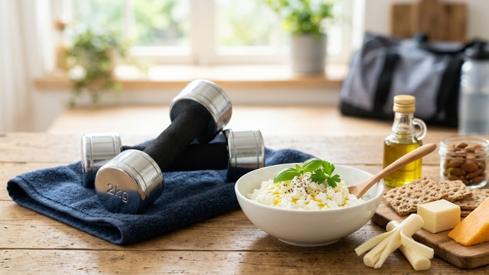 木製のテーブルに置かれた2つのダンベルと、ボウルに入ったカッテージチーズ、さけるチーズ、ハードチーズなどのチーズ盛り合わせ。