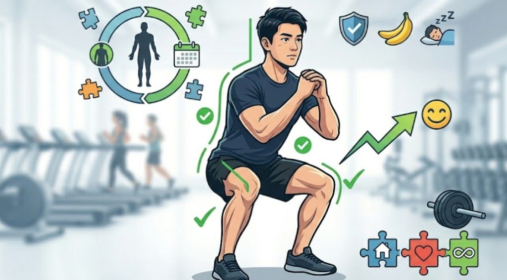 フィットネスウェアを着た若い日本人男性（20代後半）が適切なスクワットのフォームを実践している、モダンなインフォグラフィックイラスト。周囲には正しい姿勢を示す緑色のフォームガイド線やチェックマーク（✓）、ポジティブな結果を示す笑顔に変わる緑色の上向き矢印がある。左上には初心者向けのルーチン（全身のシルエット、カレンダー、パズルピース）を視覚的に表した円形図、右上には安全（盾）、栄養（バナナ）、回復（ZZZ、眠る人）の小さな非テキストアイコン、右下には習慣（家）、楽しさ（ハート）、継続性（無限ループ）を表すパズルピースが配置されている。背景はトレッドミルやフリーウェイトが柔らかくぼかされた現代的なジム環境。文字は一切含まれていない。