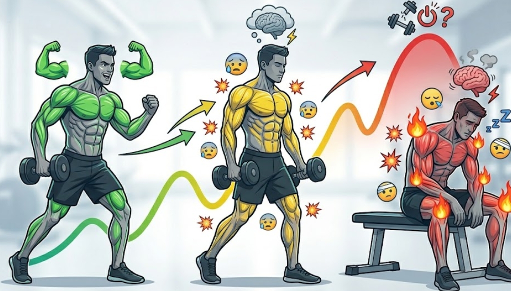 左から右への進行で、筋トレの疲労蓄積を視覚化した、文字のないインフォグラフィック。左端では、元気な男性アスリートが緑色に輝く筋肉とアイコン（💪）を伴ってトレーニングしている。中央では、アスリートの筋肉が黄色に変わり、小さな疲労（😓）や痛み（💥）のアイコン、混乱した脳（🧠）のアイコンが現れる。右端では、疲れ果てたアスリートがベンチに座り、筋肉が赤く、関節（肩、肘、膝）が炎（🔥）に包まれている。眠気（💤）、筋肉痛（💥）、怪我リスク（🤕）、壊れた脳と神経（🧠⚡）のアイコンがある。全体に、緑から黄色、赤へと色を変えながら急上昇する疲労レベルの折れ線グラフ（📈）が重ねられ、赤いピークにはオーバートレーニングのアイコンがある。
