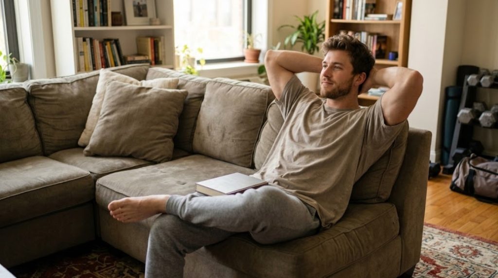 筋肉質な男性が自宅のソファーで頭の後ろに手を組み、リラックスして窓の外を見ている。脚の上には本が置かれ、背景の本棚や観葉植物の横に stored（保管された）ダンベルラックとジムバッグが見える。
