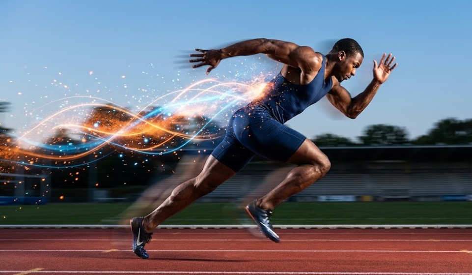 陸上トラックで、筋肉質の男性スプリンターが爆発的なスピードで走っており、その動きに合わせてオレンジと青のエネルギーの軌跡が描かれている。