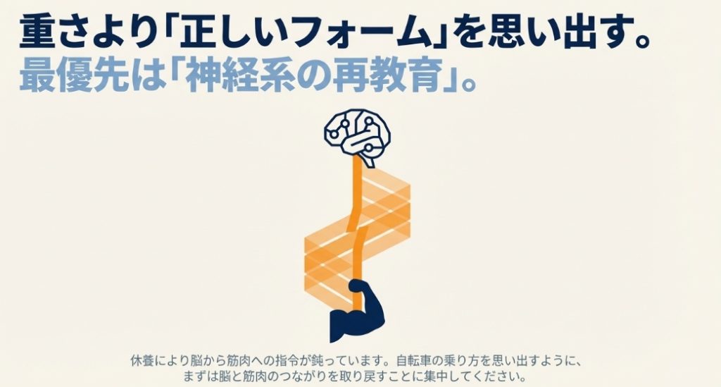 脳と筋肉のつながりを取り戻すため、重さよりも正しいフォームを意識する神経系の再教育のイメージ図