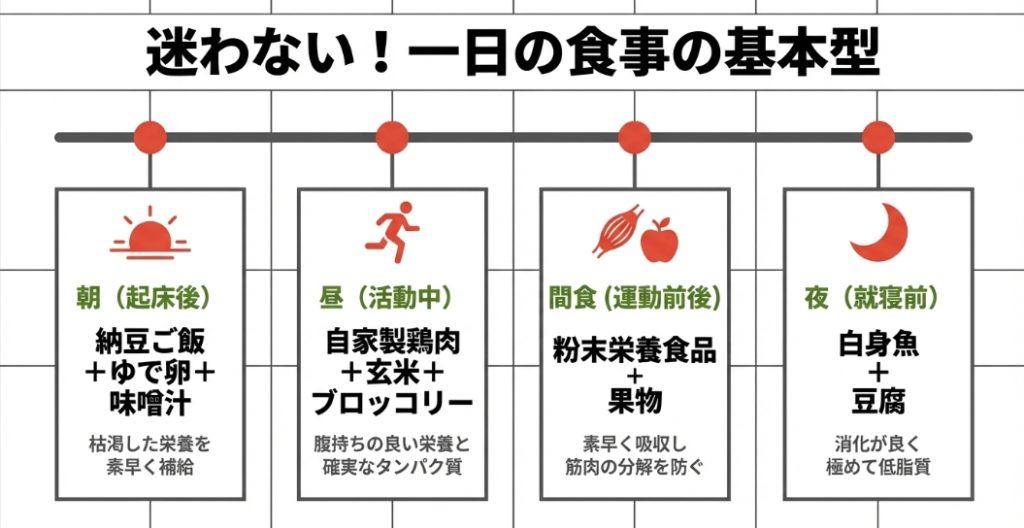 朝は納豆ご飯とゆで卵、昼は鶏肉と玄米、間食はプロテイン、夜は白身魚と豆腐といった一日の食事の基本型