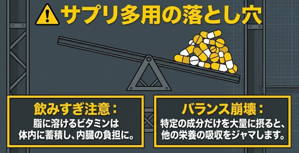 サプリ多用の落とし穴 として、飲みすぎ注意(脂に溶けるビタミンは体内に蓄積し、内臓の負担に) と、バランス崩壊(特定の成分だけを大量に摂ると、他の栄養の吸収をジャマします)  を警告するスライド。