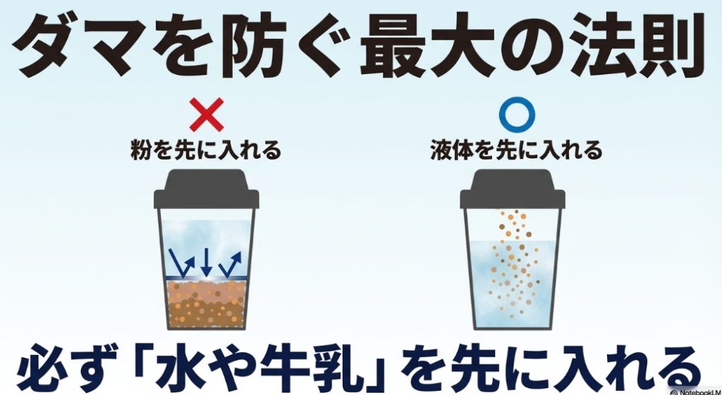 ダマを防ぐ最大の法則は、粉ではなく必ず「水や牛乳」などの液体を先に入れることであると強調したテキスト