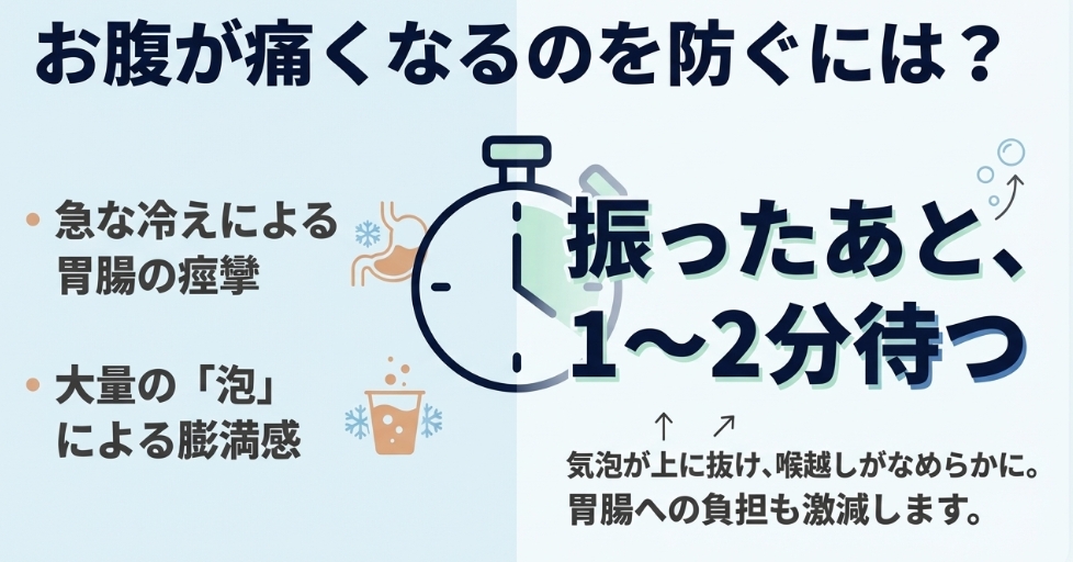 プロテインを振ったあと1〜2分待つことで気泡が抜け、胃腸の痙攣や膨満感を防ぐテクニックの解説