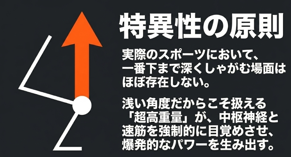 実際のスポーツにおいて深くしゃがむ場面はほぼ存在せず、浅い角度で超高重量を扱うことで速筋を目覚めさせ爆発的なパワーを生み出すことを説明した図 。