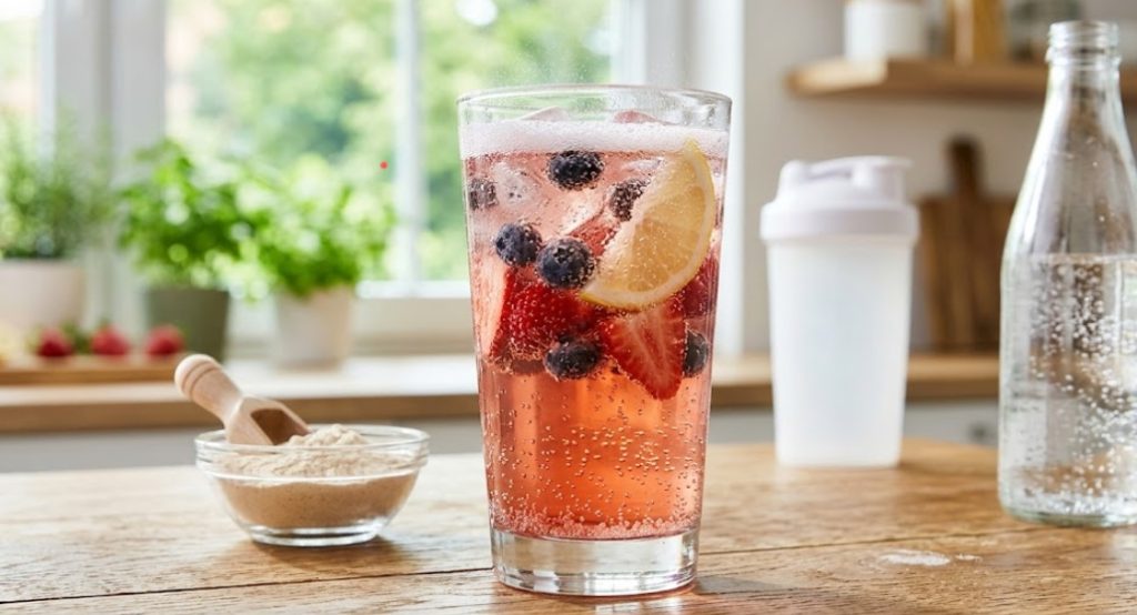 明るいキッチンの木のテーブルの上に置かれた、氷、丸ごとのブルーベリー、スライスしたイチゴ、レモンスライスが入った、シュワシュワと泡立つピンク色のフルーツ炭酸プロテイン飲料。横には木のボウルに入ったプロテインパウダーと木製のスクープ、奥には炭酸水のボトルとシェイカーが見える。