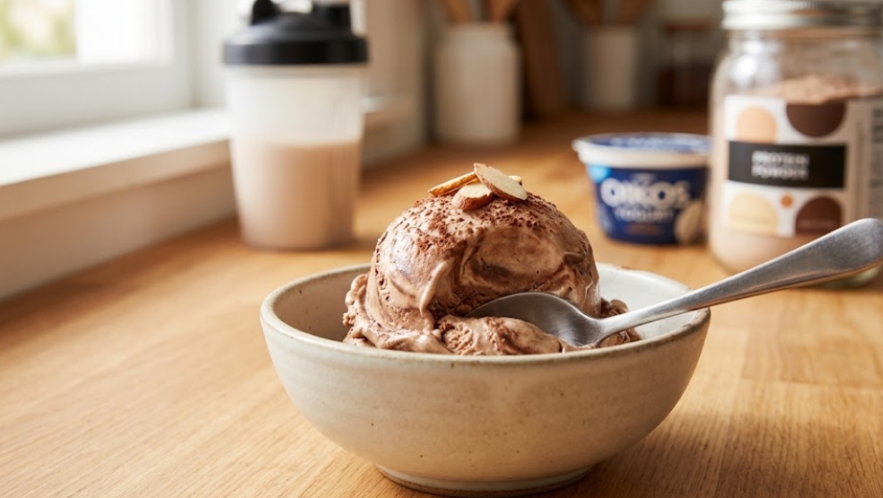 木目のカウンターに置かれた、なめらかでカチカチではないチョコレート風味のプロテインアイスクリーム（簡単レシピ）が入ったセラミックボウル。スプーンが刺さっており、アーモンドがトッピングされている。背景には、プロテインシェイカーとオイコスヨーグルトのカップがぼかして見える。自然光。