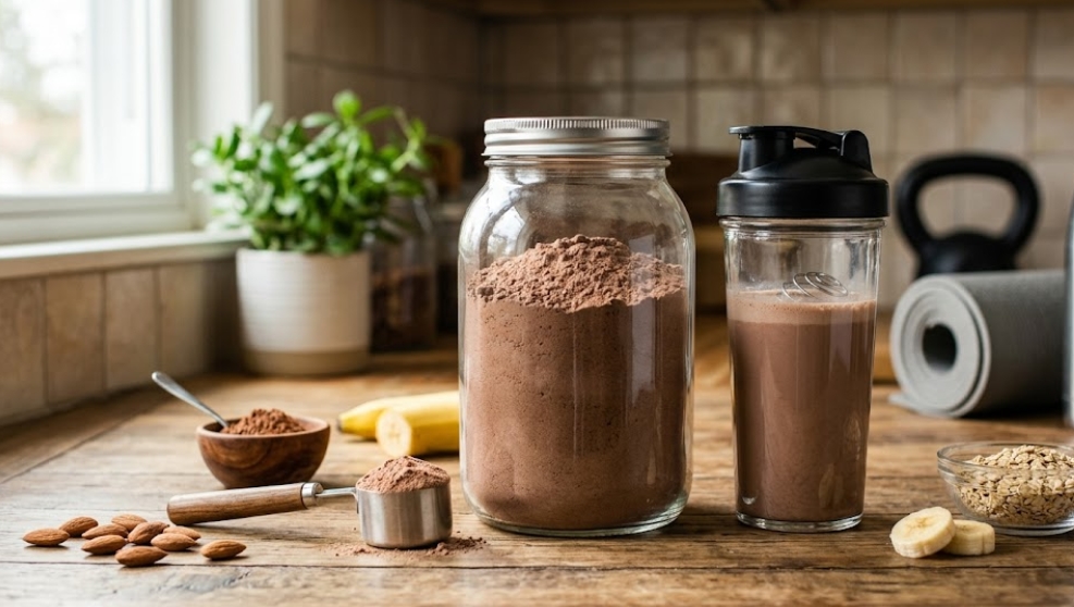 木製カウンターの上に、大きな瓶に入ったプロテインパウダー、シェイカー、スクープ、アーモンド、バナナ、オートミールが並んでおり、背景にはケトルベルとヨガマットが写っている。トレーニングとプロテインの摂取。