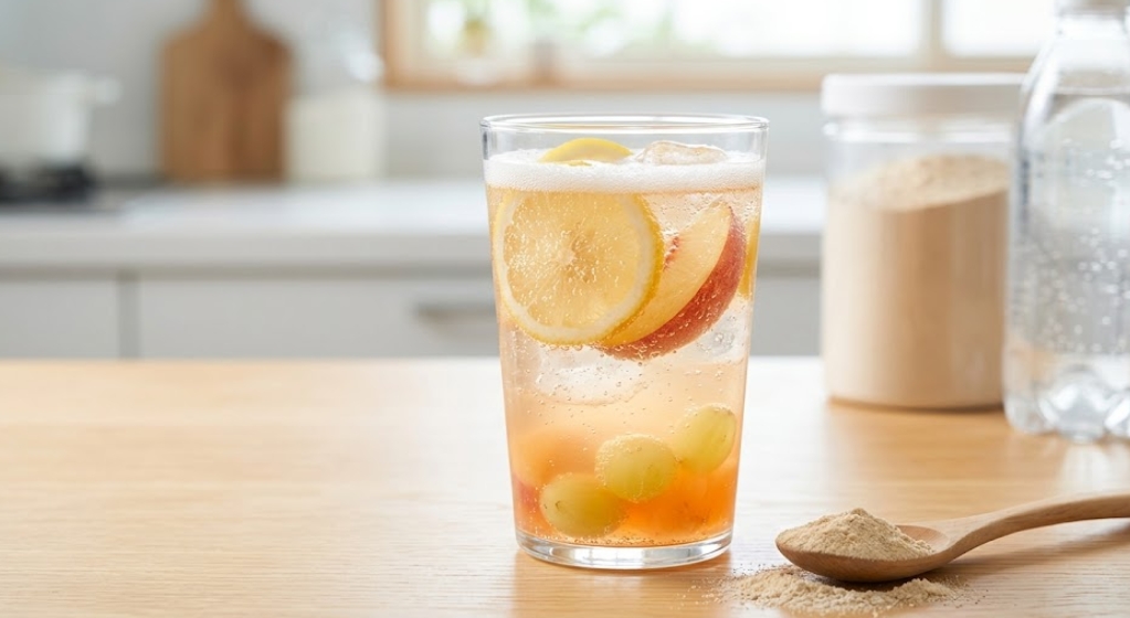 木のテーブルの上に置かれた、レモン、桃、ブドウのフルーツスライスと氷が入った、爽やかなクリアホエイプロテインの炭酸割り。横にはプロテインパウダーが載った木のスプーンがあり、背景にはボケたキッチンとプロテイン容器、炭酸水ボトルが見える。文字なし。