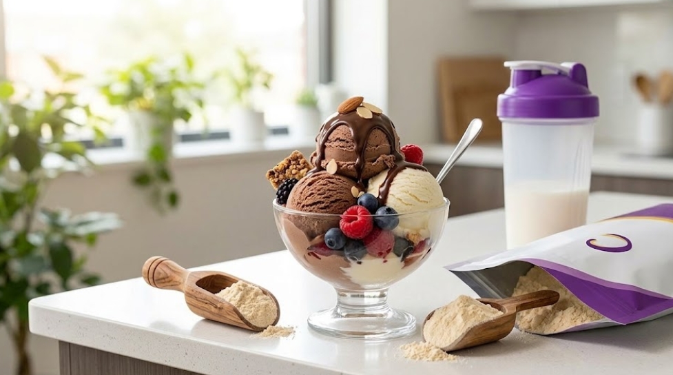 明るいキッチンのカウンターに置かれた、豪華なプロテインアイスクリームサンデーのクローズアップ。ガラス容器には、チョコレートソース、スライスアーモンド、ミックスベリー（ラズベリー、ブルーベリー）、砕いたプロテインバーがトッピングされたアイスクリームが盛られている。左側には木製のスプーンと、テーブルの上に溢れたプロテインパウダー。右側には紫色の蓋が付いた透明なシェイカーと、紫と白のカーブス風プロテインパッケージ。窓から自然光が差し込み、観葉植物が見える。フォトリアリスティック。