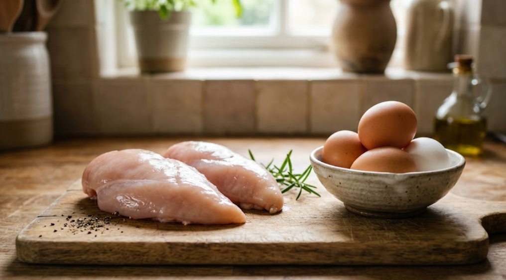 生の鶏むね肉2枚と卵（茶色と白の殻）が入った陶器製のボウルが、木製カッティングボード（まな板）の上に並んだキッチンの様子。