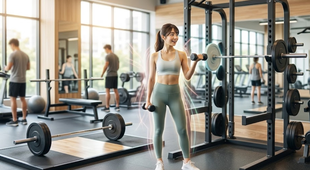 現代的なジムで、ポニーテールの若いアジア人女性が笑顔で立っている。彼女は両手にダンベルを持ち、グレーのスポーツブラと緑のレギンス、白いスニーカーを着用している。彼女の周りには、ピンク、青、緑の光沢のある、抽象的なエネルギーフィールドが描かれている。彼女の左側にはバーベル、右側にはパワーラックとバーベル、さらに右側にはダンベルラックがある。背景の大きな窓からは自然光が差し込み、トレッドミルや他のトレーニング機器が見える。数人の他の人々が背景でトレーニングをしている。