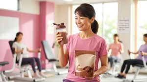 アジア人女性がフィットネスジムで、右手にココア豆と筋肉のイラストが描かれたプロテイン袋、左手にシェーカーボトルを持って笑顔で立っています。背景には、他の女性たちがトレーニングマシンを使用している様子が写っています。