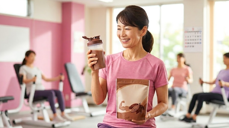 アジア人女性がフィットネスジムで、右手にココア豆と筋肉のイラストが描かれたプロテイン袋、左手にシェーカーボトルを持って笑顔で立っています。背景には、他の女性たちがトレーニングマシンを使用している様子が写っています。