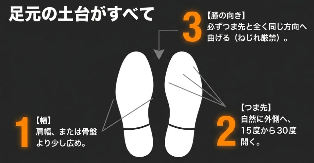 足幅は肩幅か骨盤より少し広め、つま先は自然に外側へ15度から30度開き、膝はつま先と全く同じ方向へ曲げるというスタンスの基本図 。