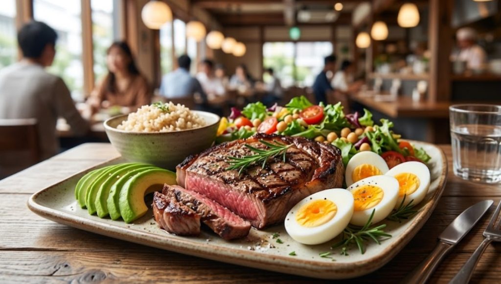 レストランの木のテーブルに置かれた、厚切りグリルステーキ、ゆで卵、アボカド、サラダ、玄米の健康的で高タンパクなプレート料理。背景はぼかされた賑やかな店内。