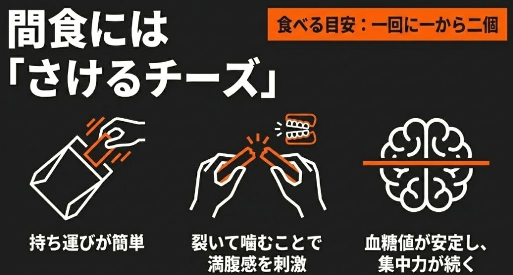 「間食にはさけるチーズ」として、一回に一から二個の目安、持ち運びの簡単さ、裂いて噛むことでの満腹感刺激、血糖値が安定し集中力が続く効果を解説した画像 。