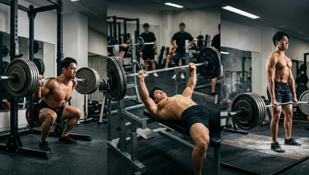 3つの垂直パネルで構成された、異なる日本人男性ボディビルダー（image_24.pngの人物と同じ）がBIG3（スクワット、ベンチプレス、デッドリフト）を行っている合成写真。左パネル：パワーラックで深々とバーベルスクワットを行う、筋肉が定義された男性。中央パネル：ベンチプレスラックでヘビーなベンチプレスを行う、集中した男性（blurred figure background）。右パネル：チョークを使い、プラットフォームでデッドリフトを行う男性。3人とも筋肉が定義され、汗をかき、シネマティックで焦点を絞った照明。文字は一切ない。ジムの環境。