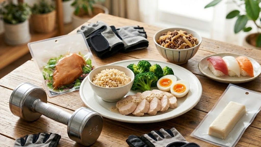 木のテーブルの上に、銀色のダンベル、トレーニンググローブ、そして栄養価の高い健康的な食事が並んでいる。食事には、スライスされた鶏胸肉、ブロッコリー、半分に切ったゆで卵、玄米、寿司、そしてパッケージされたサラダチキンと豆腐バーが含まれている。