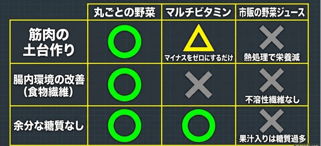 丸ごとの野菜、マルチビタミン、市販の野菜ジュースが、野菜の代わりになるのか? を比較した表。マルチビタミンはマイナスをゼロにするだけ、市販の野菜ジュースは熱処理で栄養減、不溶性繊維なし、果汁入りは糖質過多  といった特徴がまとめられている。