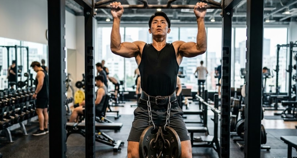 現代的なフィットネスジムで、日本人トレーニーの男性が腰に加重ベルトを巻き、重量プレートをぶら下げて懸垂をしている。背景には大きな窓から都会の景色が見え、他の多くの人々がトレーニングをしている。