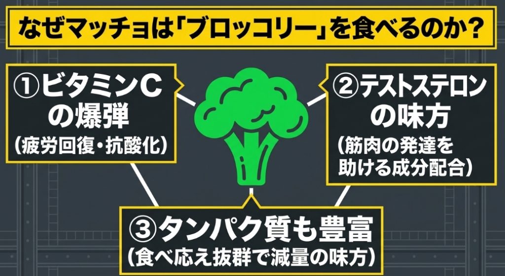 なぜマッチョは「ブロッコリー」を食べるのか? その理由として、ビタミンCの爆弾(疲労回復・抗酸化) 、テストステロンの味方(筋肉の発達を助ける成分配合) 、タンパク質も豊富(食べ応え抜群で減量の味方)  の3点を挙げたスライド。