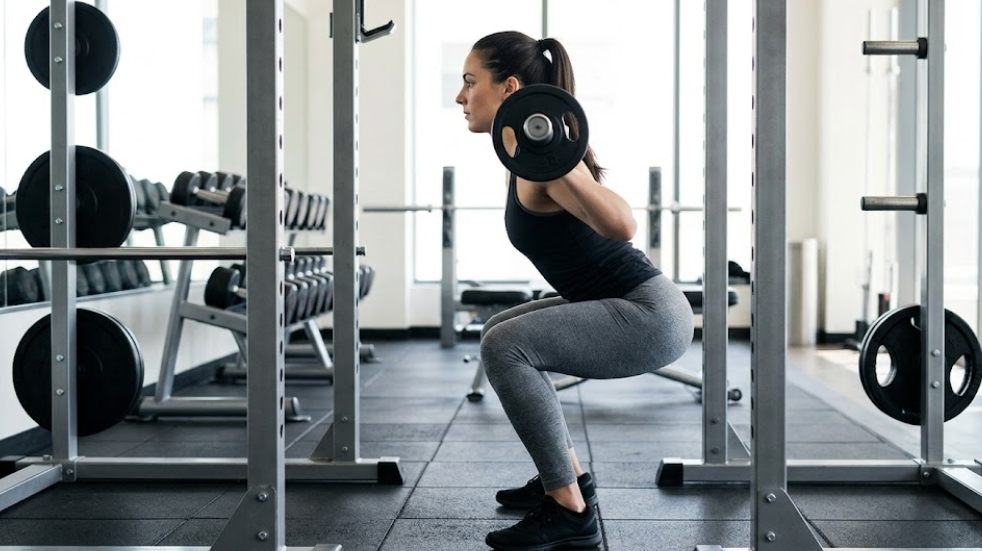 明るく現代的なジムで、黒いタンクトップとグレーのレギンスを着た若い女性が、複数のウェイトプレートを付けたバーベルを肩に担ぎ、パワーラックの中でスクワットをしている側面図。彼女は良好なフォームで深く腰を下ろしており、太ももは床と平行で、背中はまっすぐに保たれている。背景には他のトレーニング機器が見える。