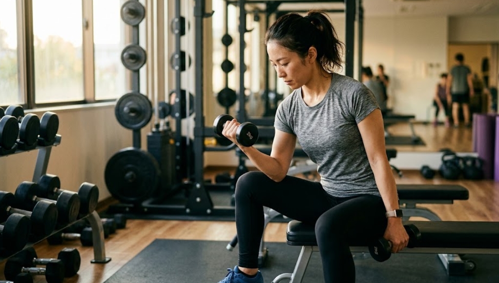 静かなジムでトレーニングベンチに座り、軽量のダンベルを片手に持って集中してカールを行う日本人女性。病み上がりの回復トレーニング。背景にはジム機器。