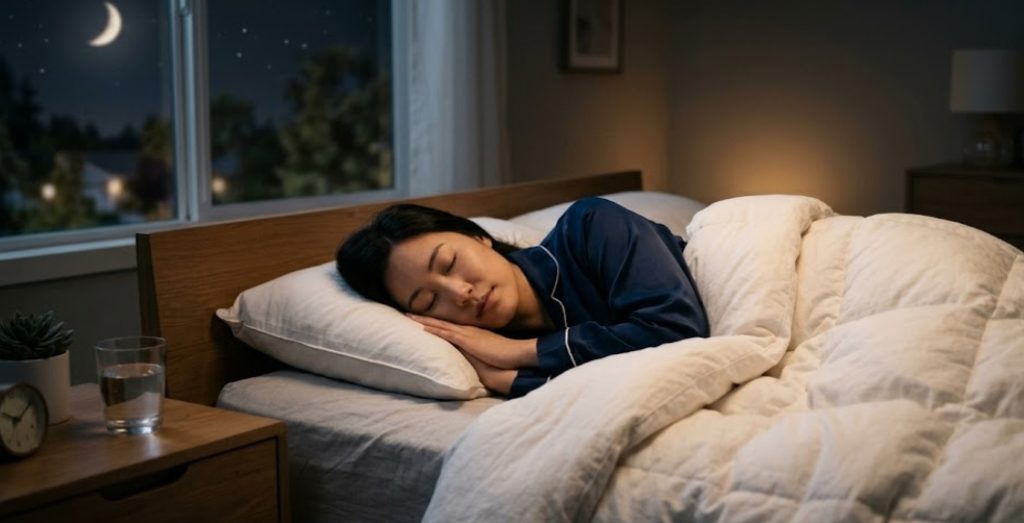 紺色のサテンパジャマを着た若いアジア人女性が、居心地の良い寝室のベッドで白い布団に包まれ、穏やかに眠っている。窓の外には三日月と星が輝き、ナイトスタンドには目覚まし時計と水の入ったグラスがある。