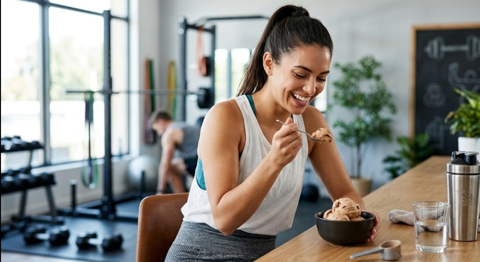 明るく広々としたモダンなジムで、笑顔の健康そうな若い女性が木製のテーブルに座り、ボウルに入ったチョコレートプロテインアイスクリーム（または類似のデザート）をスプーンで食べている。彼女はポニーテール、白いタンクトップ、グレーのスポーツタイツを着用している。テーブルの上には、アイスクリームの入ったボウル、スプーン、ステンレス製のシェーカーボトル、水が入った小さなグラス、パウダースクープ、そしてタオルが置かれている。背景には、左側にウェイトラックと大きな窓があり、外の景色が見える。中央奥には別の男性が運動している（ぼかされている）。右側には観葉植物と、壁に取り付けられた黒板がある。黒板にはウェイトリフティングのイラストが描かれている。