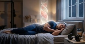 筋トレ後の男性がベッドで深く眠っている様子。体から成長ホルモンと筋肉の修復を象徴する光の波が立ち上り、筋肉組織とDNAの二重らせんのイメージが重なっている。枕元にはダンベルとプロテインシェイカーがあり、窓の外には夜空が見える。