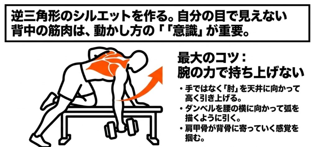 ワンハンドロウイングを行う人物のシルエット画像。「実践②：広く厚い背中を作る「引く」動き」として、逆三角形のシルエットを作るための解説が書かれています 。腕の力で持ち上げず、手ではなく「肘」を天井に向かって高く引き上げるのが最大のコツと説明されています 。