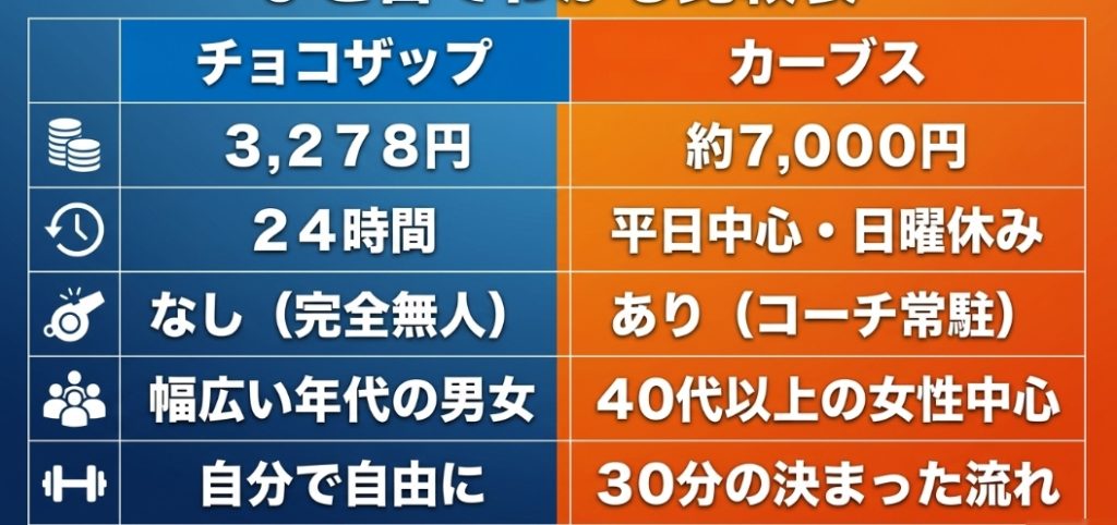 チョコザップとカーブスの料金、営業時間、サポートの有無、対象者、運動方法をひと目で比較できる表のスライド画像。