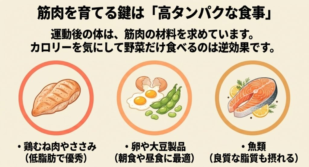 筋肉を育てる鍵は高タンパクな食事であることを解説したスライド。運動後の体が求めている筋肉の材料として、鶏むね肉やささみ、卵や大豆製品、魚類といった食材を推奨しています。