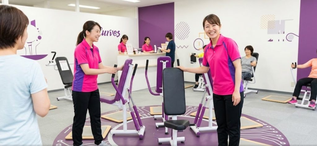 女性専用フィットネス「カーブス」の明るいジム内で、ピンクと紫のユニフォームを着た2人の日本人スタッフが、会員女性に笑顔で油圧式マシンの使い方を指導している。機器、壁、ユニフォームなど、画像内の全ての文字やロゴは除去されており、自然な雰囲気の活動風景となっている
