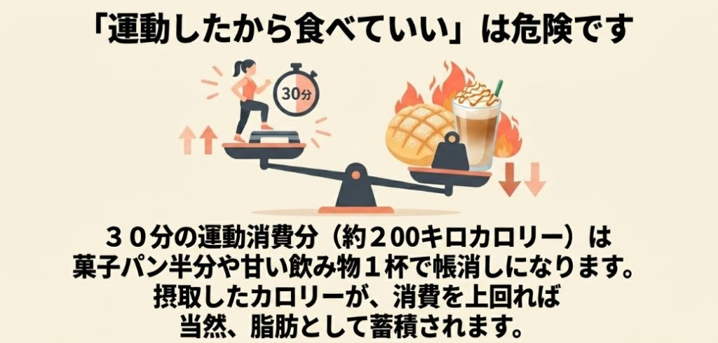 運動したから食べていいという考えの危険性を解説したスライド。30分の運動消費分（約200キロカロリー）は菓子パン半分や甘い飲み物1杯で帳消しになり、摂取カロリーが消費を上回れば脂肪として蓄積されることを警告しています。